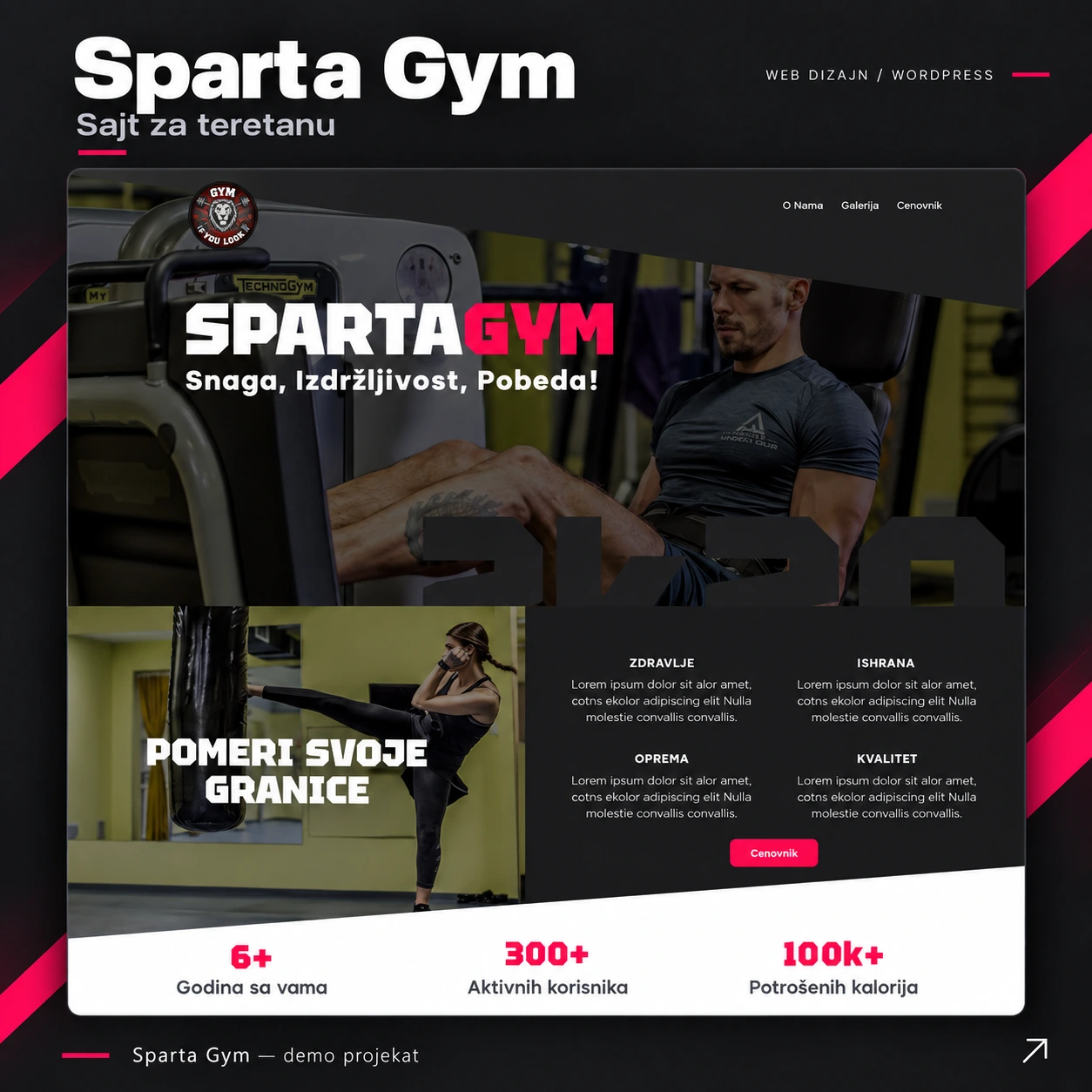 Sparta Gym demo website design with a dark layout and pink accents — Ocureps portfolio