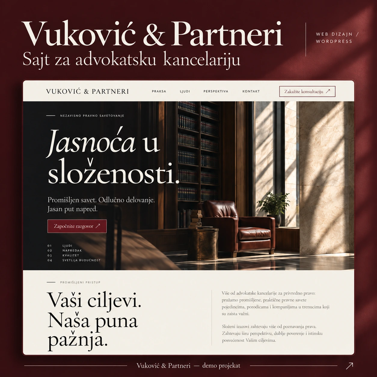 Vuković & Partneri law firm website design in burgundy and cream — Ocureps portfolio