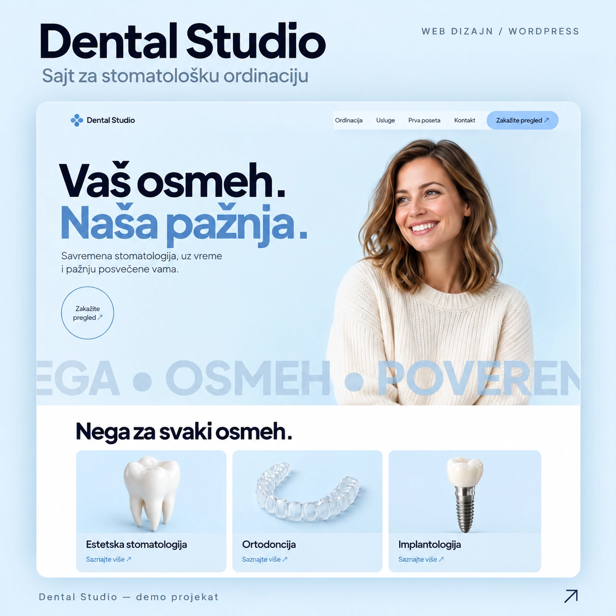 Dental Studio demo website design with a light blue layout and dental treatment cards — Ocureps portfolio