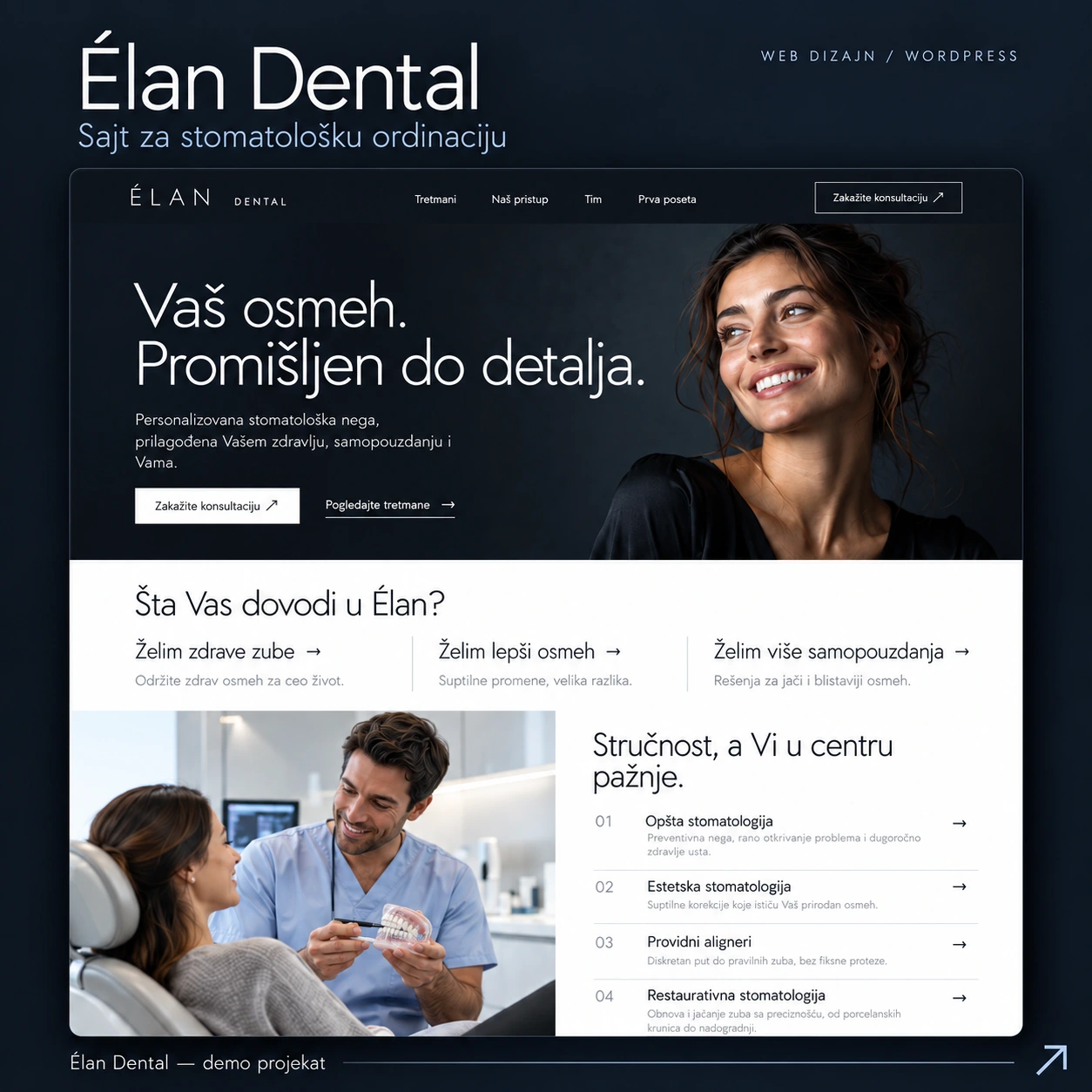 Élan Dental demo website design with a navy and white layout — Ocureps portfolio