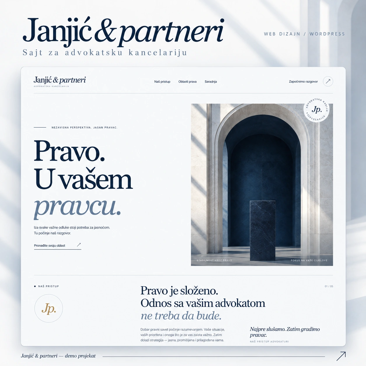 Janjić & partneri law firm demo website with navy typography and architectural imagery — Ocureps portfolio