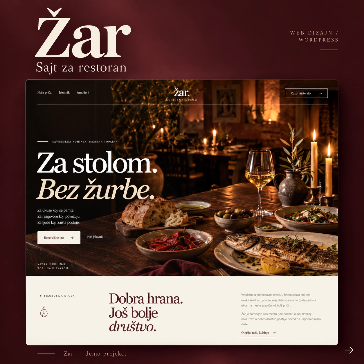 Žar restaurant demo website with candlelit dining imagery and burgundy accents — Ocureps portfolio